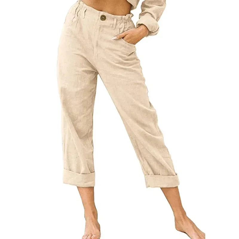 Spring Cotton-Linen Women’s Loose Button Pockets Pants – Elegant & Breathable-HighTouch