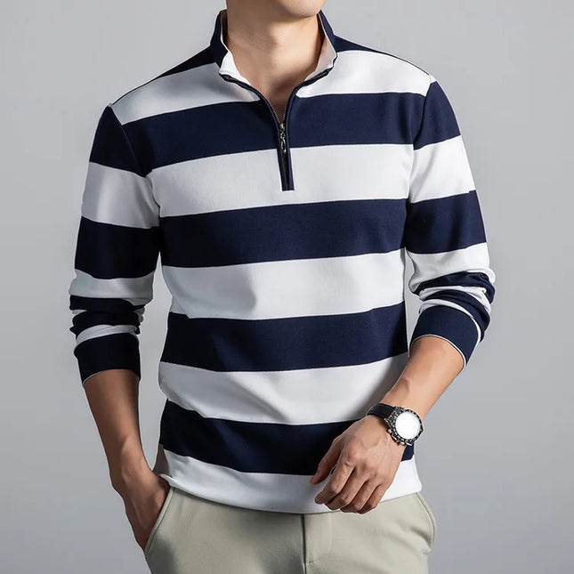 Stand-Up Collar Striped Long Sleeve Tee – Soft Cotton Blend Autumn Staple