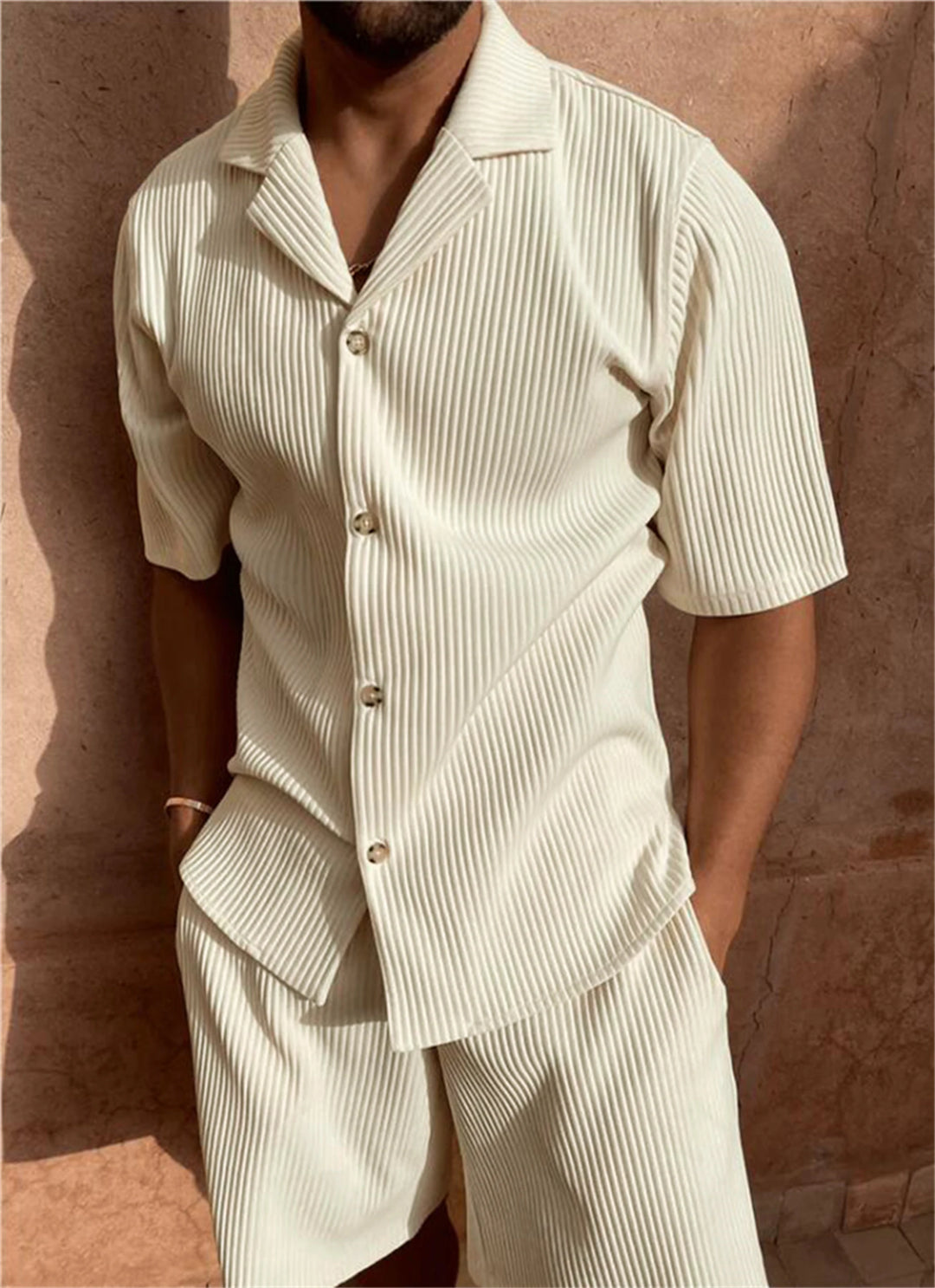 Men’s Corduroy Beach Casual Set – Short Sleeve Shirt & Shorts-HighTouch