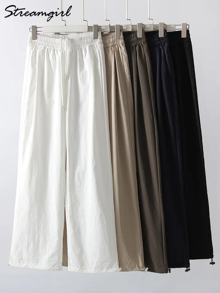 Stay Fresh & Stylish – High-Waist White Wide-Leg Sweatpants-HighTouch