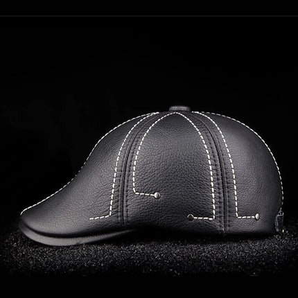 Authentic Cowhide Leather Beret – Men’s Striped Black Real Leather Cap