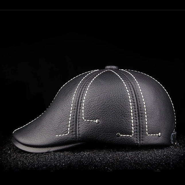 Authentic Cowhide Leather Beret – Men’s Striped Black Real Leather Cap