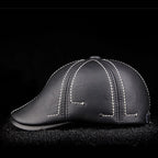 Authentic Cowhide Leather Beret – Men’s Striped Black Real Leather Cap-HighTouch