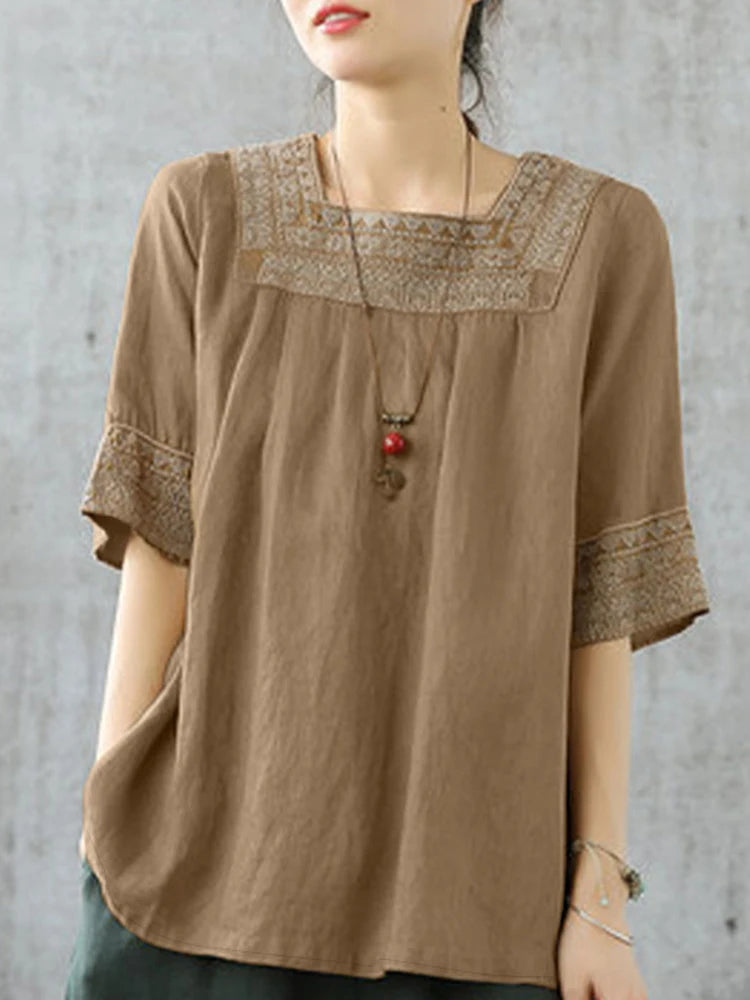 Feel Effortless Elegance Every Day in Our Square-Neck Embroidered Blouse