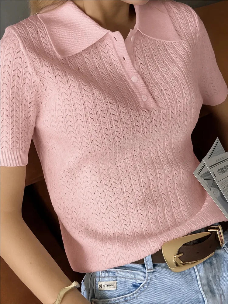 Tornova Loose Knit Polo Tee – Summer Casual Women's Top-HighTouch