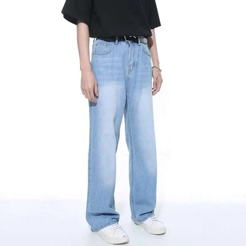 Korean Streetwear Straight-Wide Leg Denim Jeans for Men – Vintage Wash, Baggy Comfort