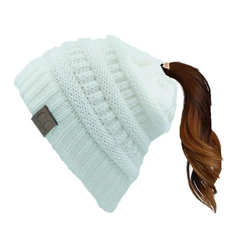 Cable Knit Ponytail Beanie-HighTouch