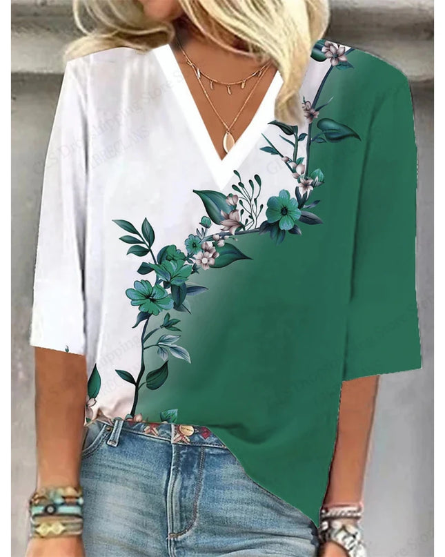 Vintage 3D Floral Oversized V‑Neck Tee – Breezy Summer Style
