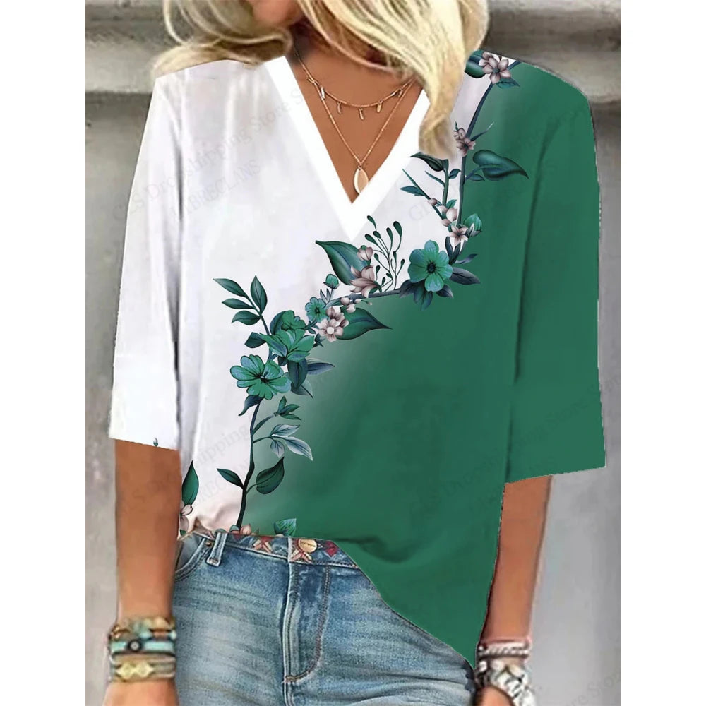 Vintage 3D Floral Oversized V‑Neck Tee – Breezy Summer Style-HighTouch