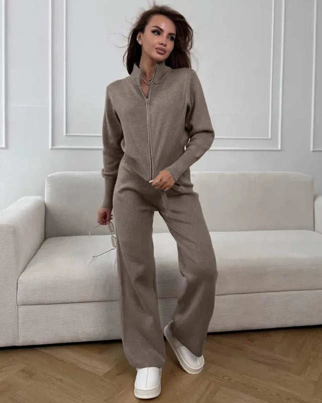 Knit Zip-Up Cardigan & Wide-Leg Pants Set