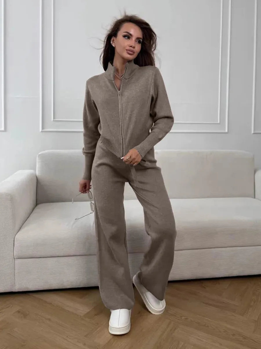 Women’s Knit Two Piece Set Zip Up Cardigan Wide Leg Pants Outfit-HighTouch