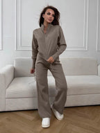 Women’s Knit Two Piece Set Zip Up Cardigan Wide Leg Pants Outfit