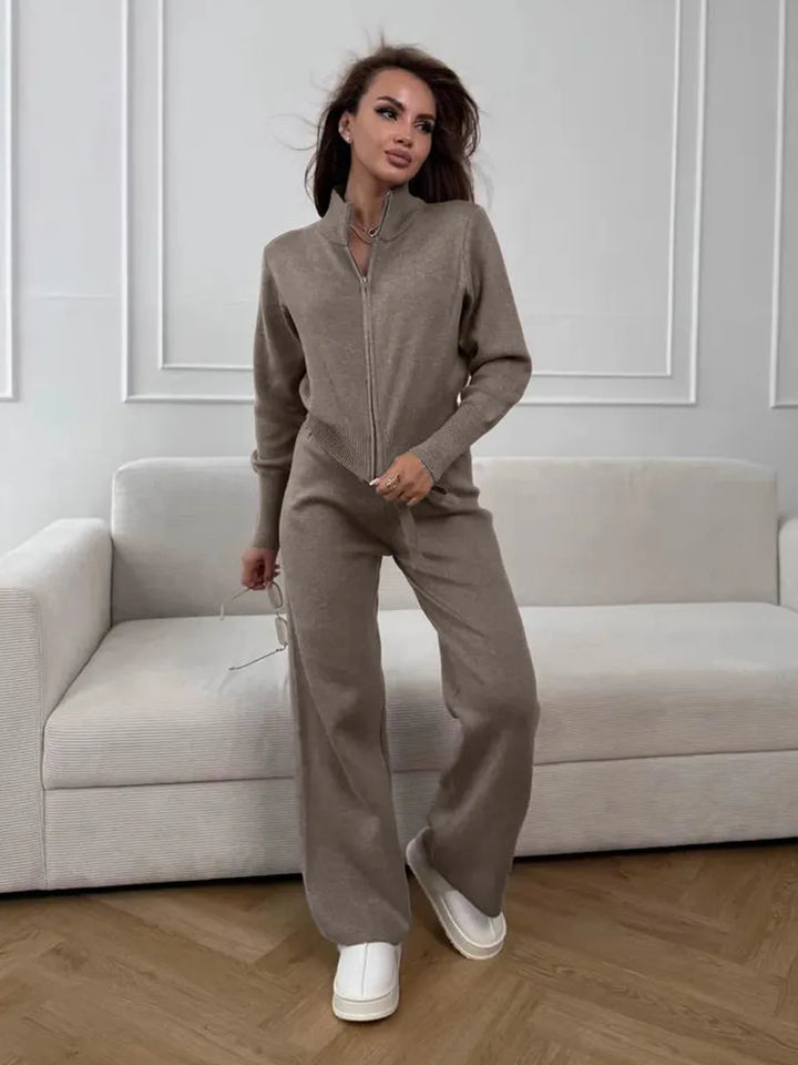 Women’s Knit Two Piece Set Zip Up Cardigan Wide Leg Pants Outfit-HighTouch
