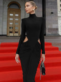 Women’s Elegant Maxi Dress Long Sleeve Turtleneck Ruched Hollow Out-HighTouch