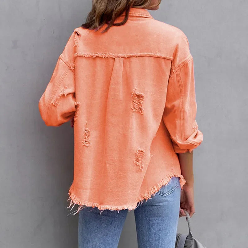 Women’s Distressed Denim Overshirt for Casual Layering