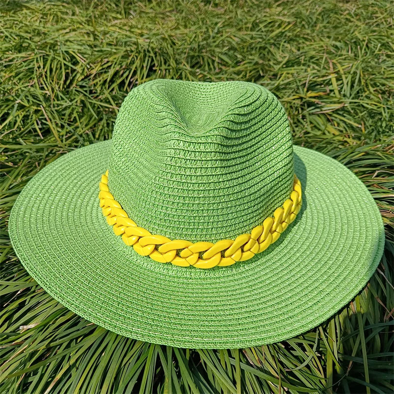 Adjustable Flat‑Top Yellow Straw Fedora