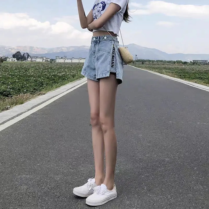 Y2K Harajuku Wide Mini Denim Shorts – Elastic Punk Print Jean Shorts for Women-HighTouch