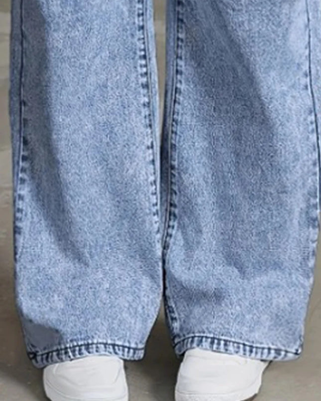 High Waist Wide‑Leg Bow Embroidered Pocket Jeans
