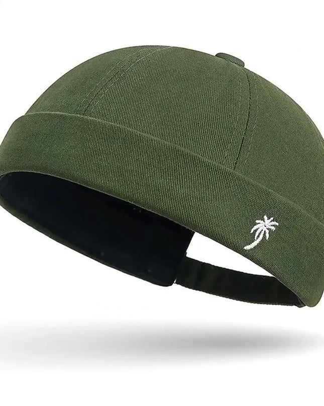 Vintage Washed Cotton Brimless Beanie Hat – Embroidered Coconut Tree (Unisex Adjustable)