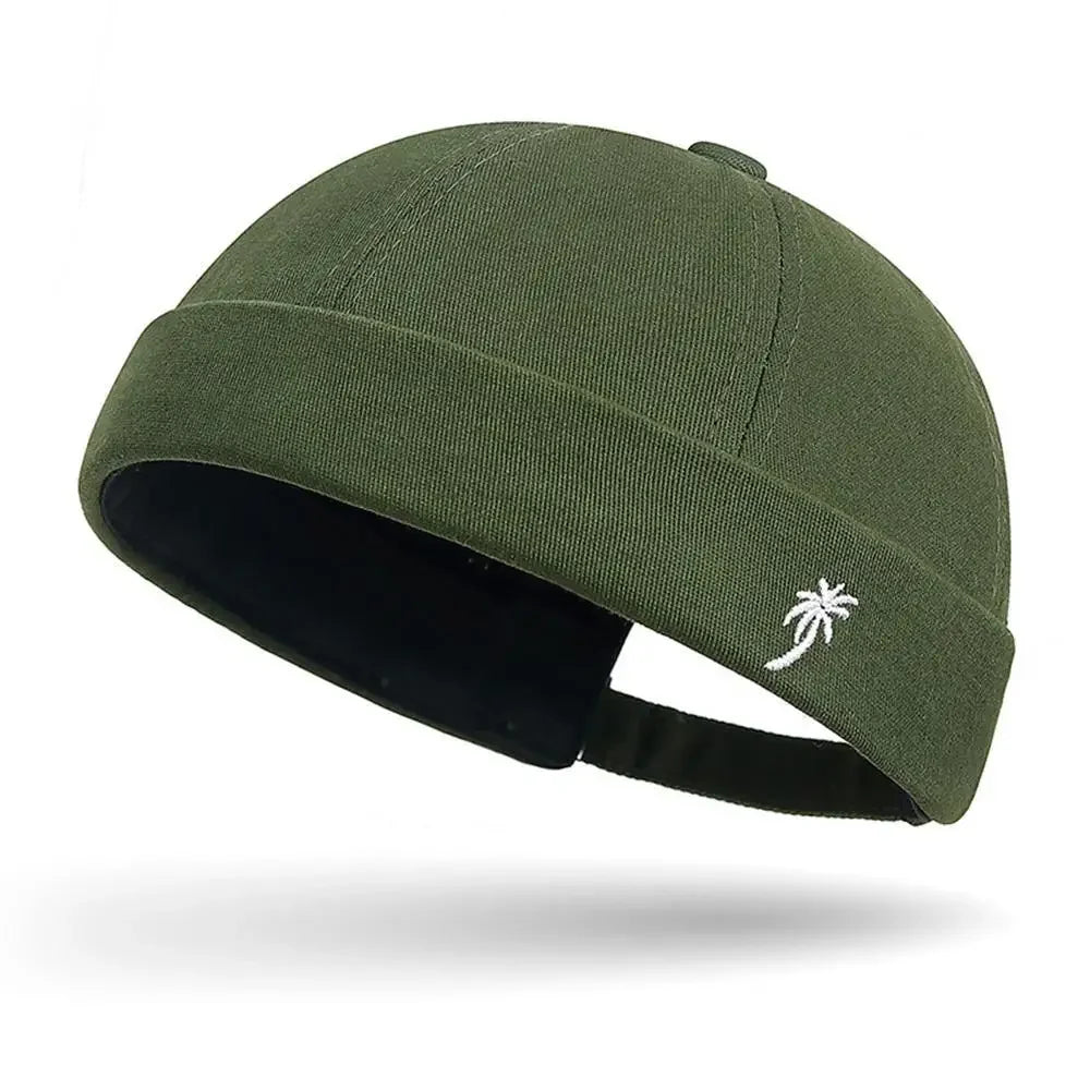 Vintage Washed Cotton Brimless Beanie Hat – Embroidered Coconut Tree (Unisex Adjustable)-HighTouch