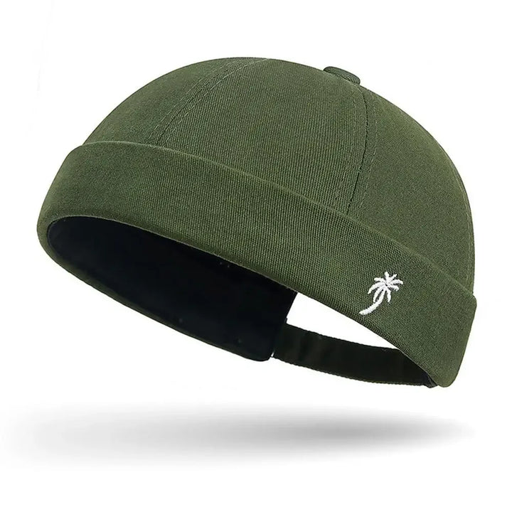 Vintage Washed Cotton Brimless Beanie Hat – Embroidered Coconut Tree (Unisex Adjustable)-HighTouch