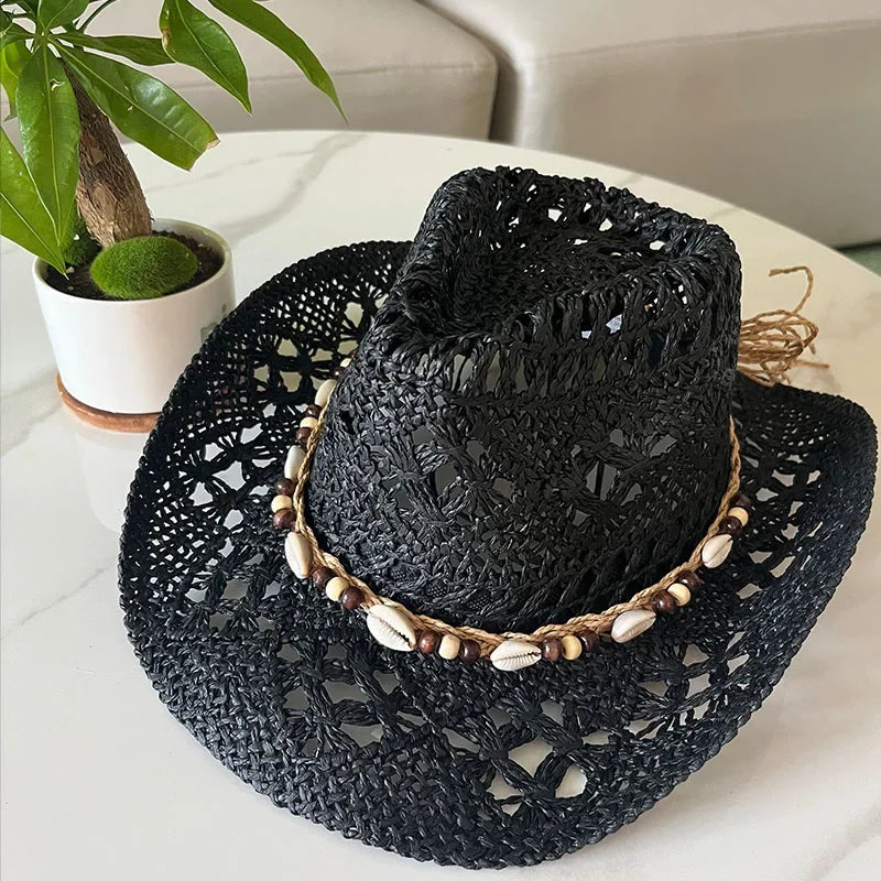 Bohemian Straw Cowboy Sun Hat – Wooden Beads
