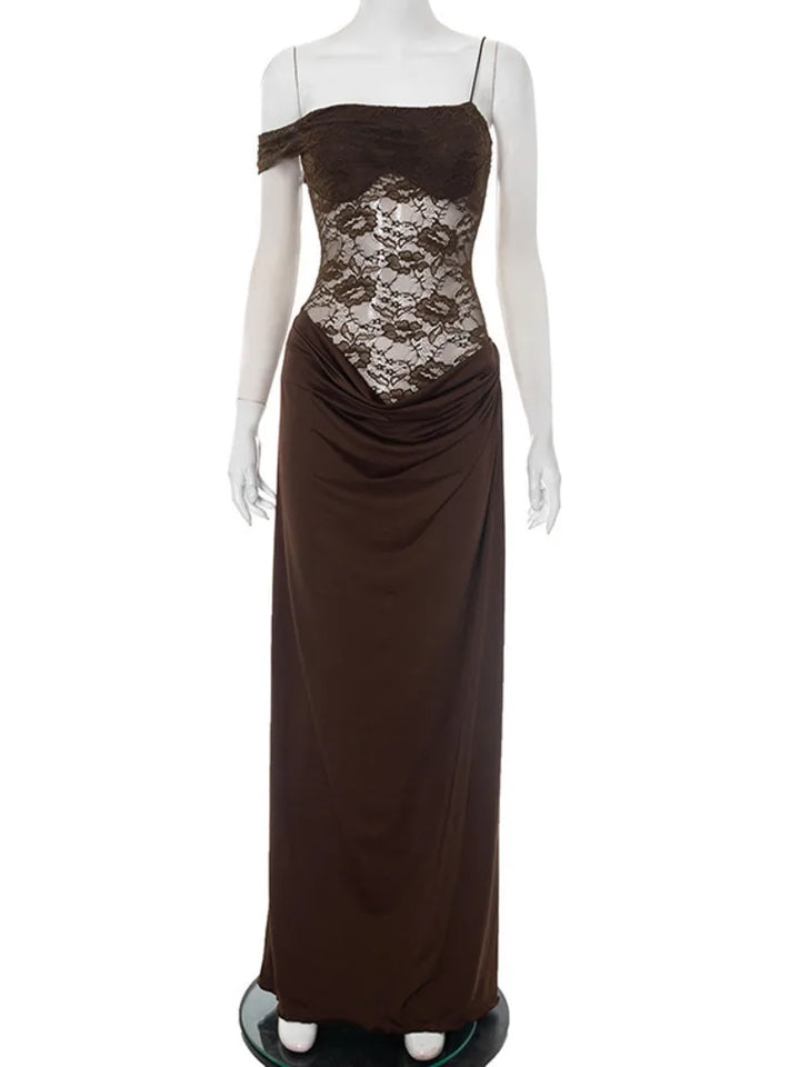 Women’s Lace Maxi Dress One Shoulder Elegant Party Dress-HighTouch