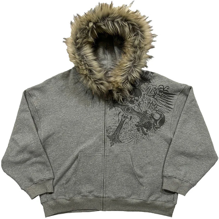 Autumn Winter Y2k Women Aesthetic Harajuku Faux Fur Collar Hoodies Clothes Graphic Hip Hop Punk Gothic Zip Up Hoodies