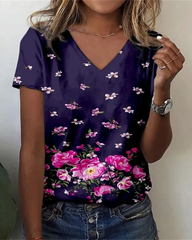 Vintage Floral 3D Print V‑Neck Tee – Oversized Harajuku Style