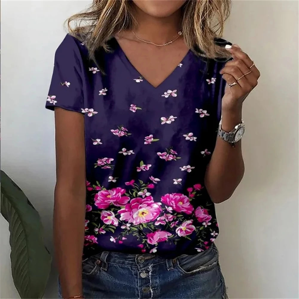 Vintage Floral 3D Print V‑Neck Tee – Oversized Harajuku Style-HighTouch