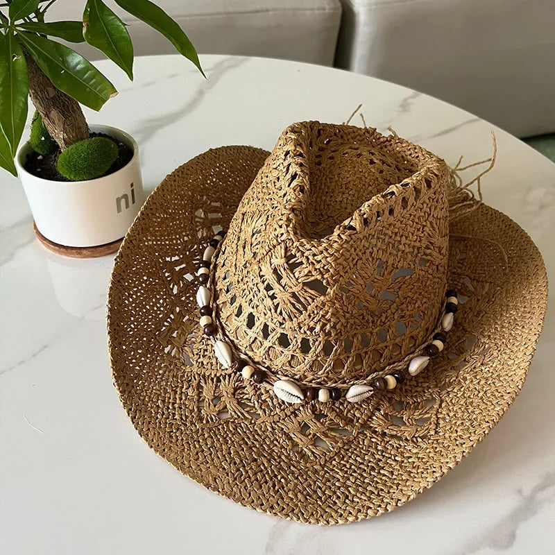 Bohemian Straw Cowboy Sun Hat – Wooden Beads