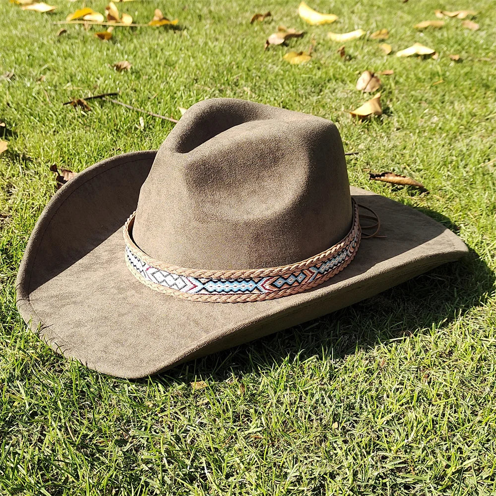 Suede Wide-Brim Western Cowboy Fedora Adjustable Fit-HighTouch
