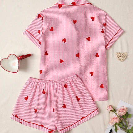 Pink Heart Print Short‑Sleeve Pajama Set