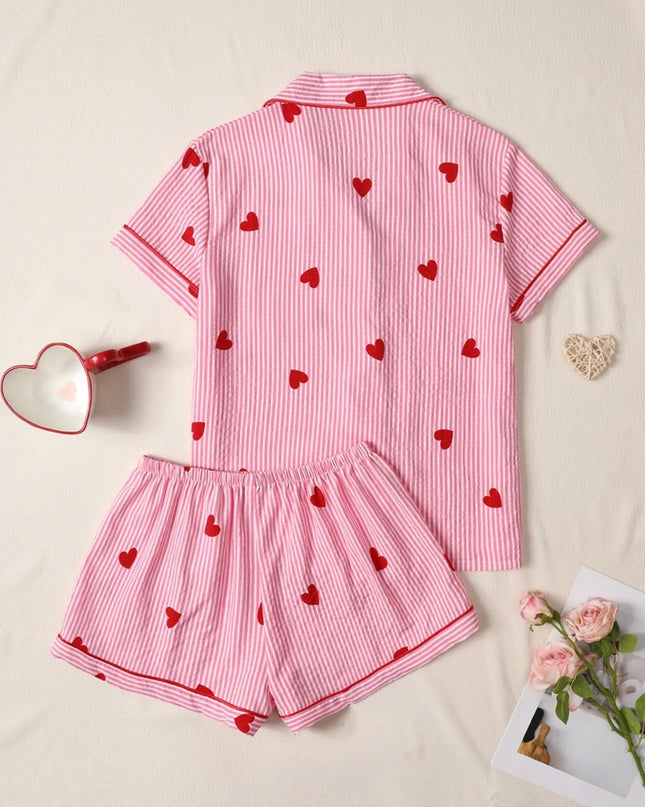 Pink Heart Print Short‑Sleeve Pajama Set