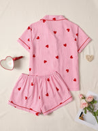 Pink Heart Print Short‑Sleeve Pajama Set-HighTouch