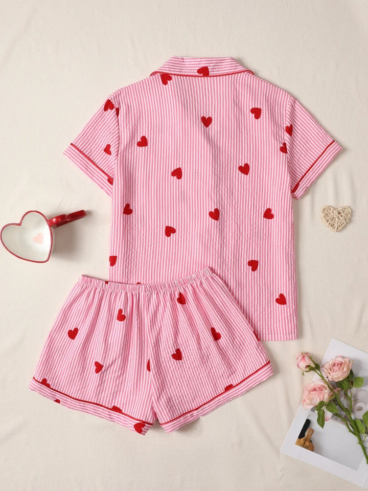Pink Heart Print Short‑Sleeve Pajama Set-HighTouch