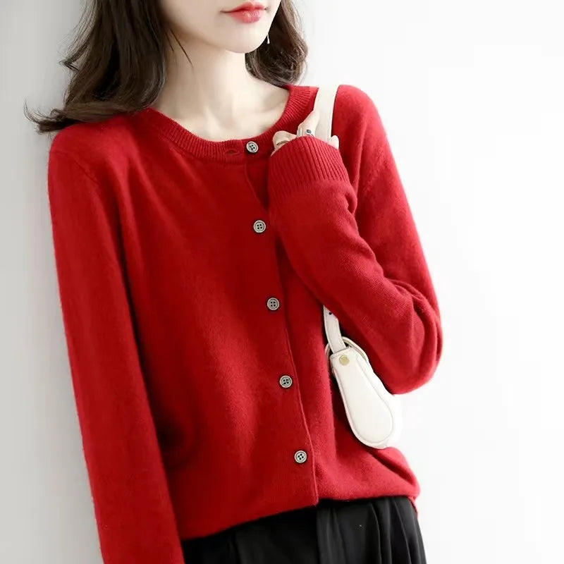 Women's Cardigans Sweater O-neck Solid Cardigans-HighTouch