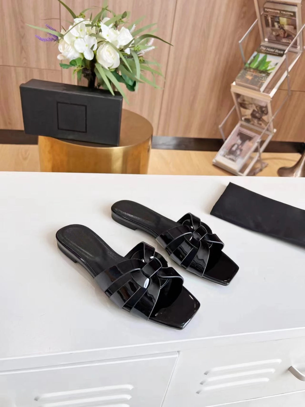 Women’s Genuine Leather Square Toe Summer Slides Casual Slip-On Sandals-HighTouch