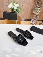 Women’s Genuine Leather Square Toe Summer Slides Casual Slip-On Sandals-HighTouch