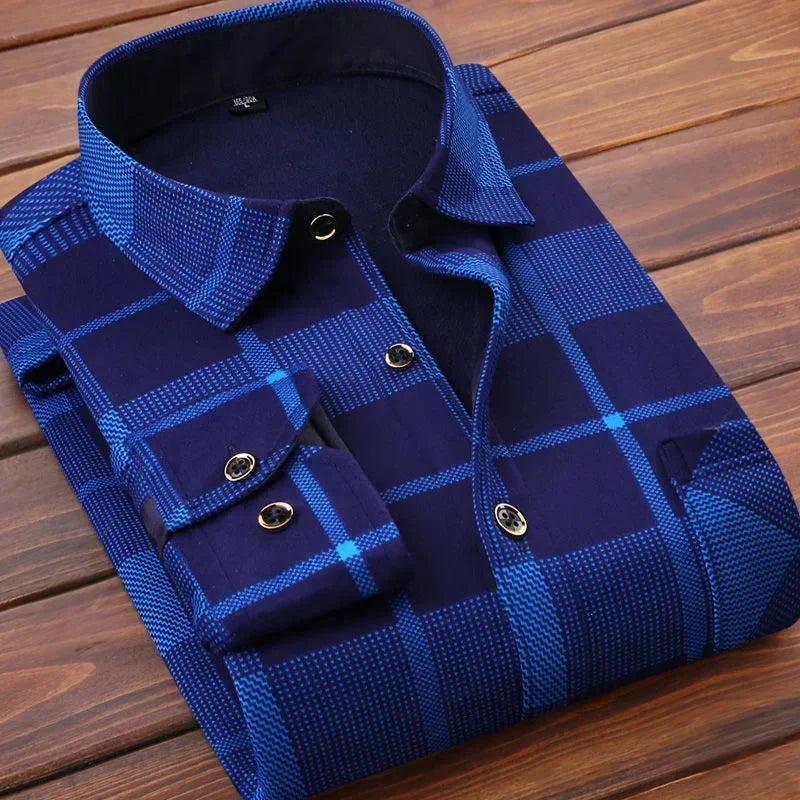 Men’s Winter Plaid Flannel Shirt – Fur Lined, Fleece‑Lined, Warm Casual Dress Shirt