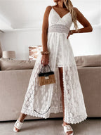 Lace Hollow-Out V‑Neck Playsuit Midi Dress-HighTouch