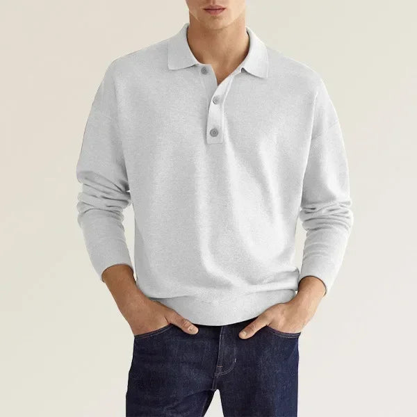 Solid Long Sleeve Men's Polo Shirt – Slim Fit Button Neck Pullover-HighTouch