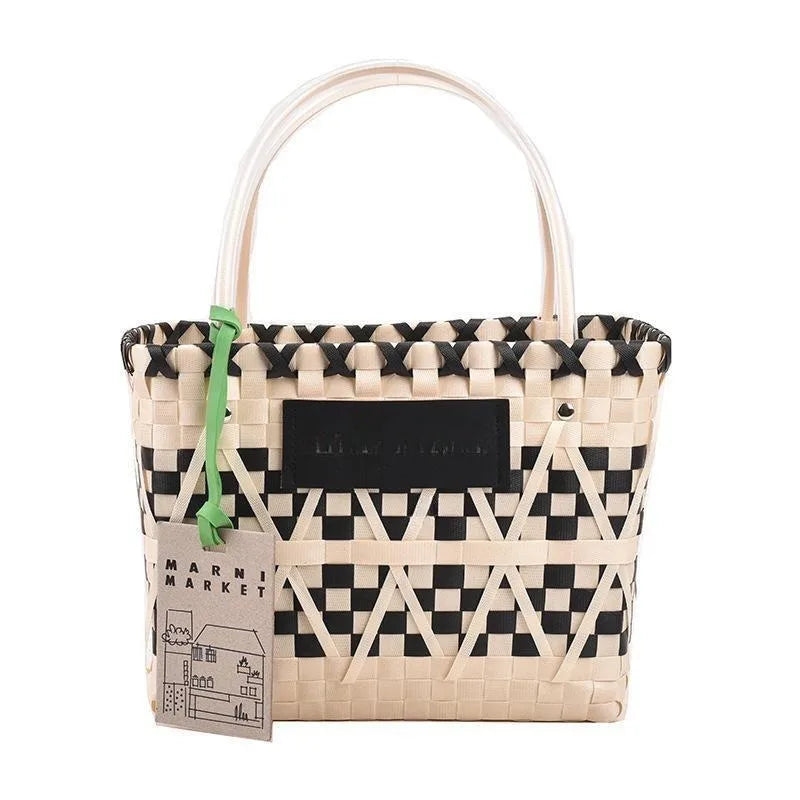 Bohemian Checkered Straw Tote – Large Capacity Summer Beach HandBag