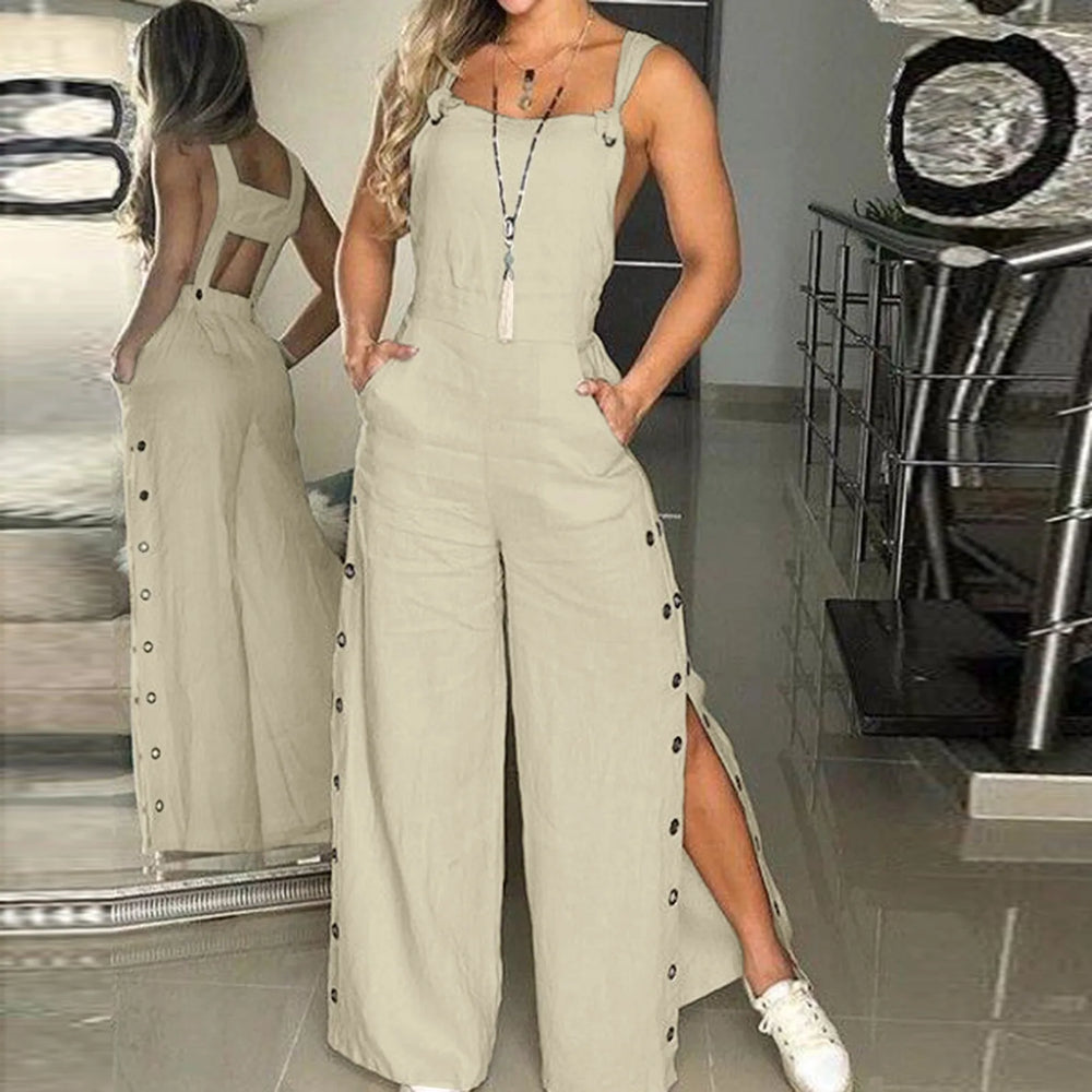 Women's Cotton Linen Strappy Playsuit – Wide Leg Summer Jumpsuit-HighTouch