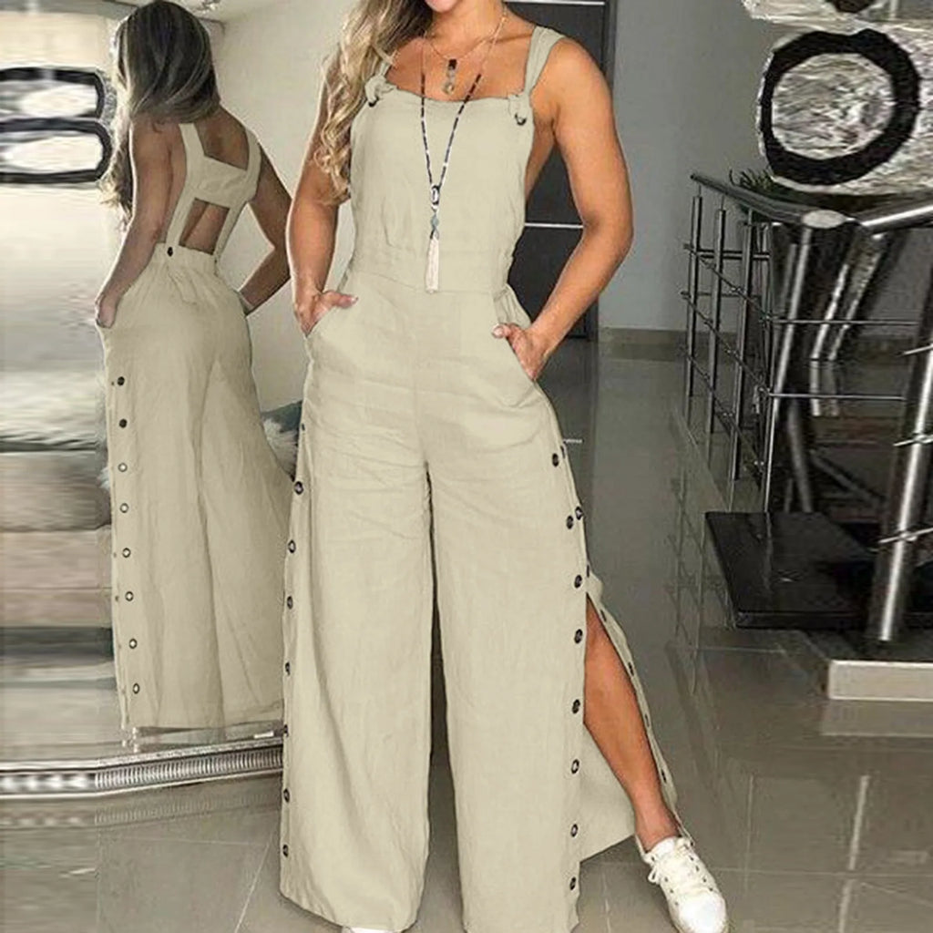 Women's Cotton Linen Strappy Playsuit – Wide Leg Summer Jumpsuit-HighTouch
