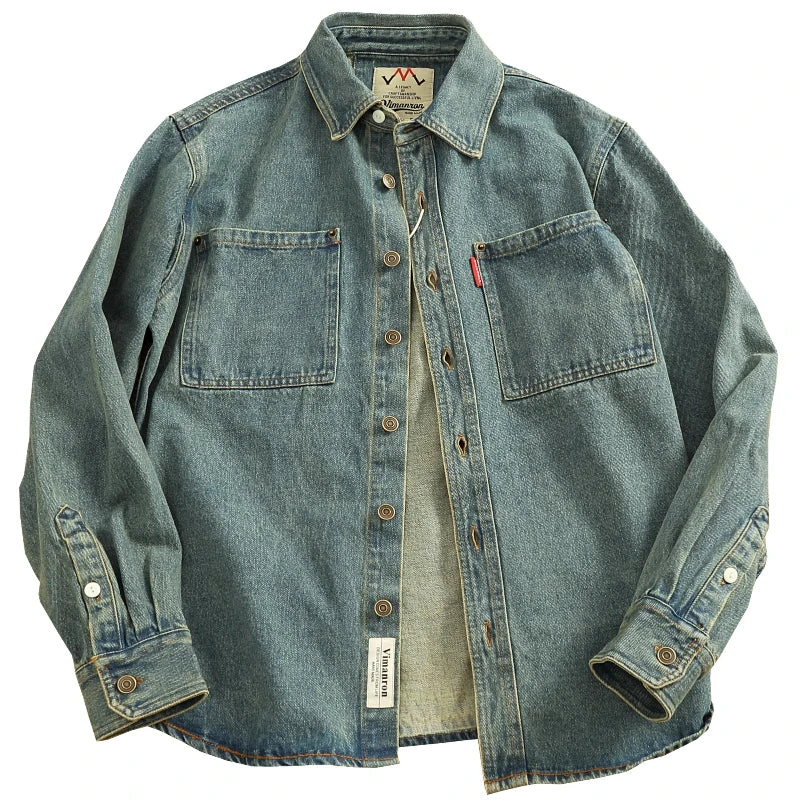 Retro Heavyweight Denim Cargo Shirt Men  Cotton Washed Overshirt Jacket