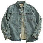 Retro Heavyweight Denim Cargo Shirt Men Cotton Washed Overshirt Jacket-HighTouch