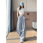Harajuku Plaid Wide‑Leg Women’s Joggers – Y2K High‑Waist Casual Trousers-HighTouch