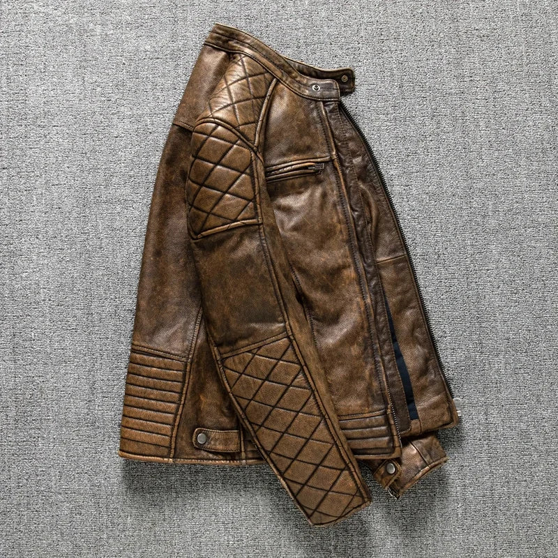 Vintage Yellow-Brown Cowhide Slim Fit Biker Jacket – Motorcycle Coat-HighTouch