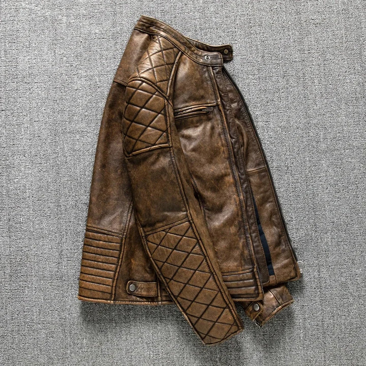 Vintage Yellow-Brown Cowhide Slim Fit Biker Jacket – Motorcycle Coat-HighTouch